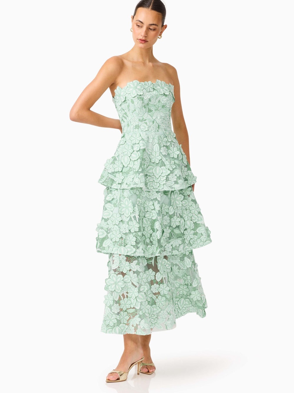 Elliatt Mint Green Strapless Tiered Lace Floral Dress